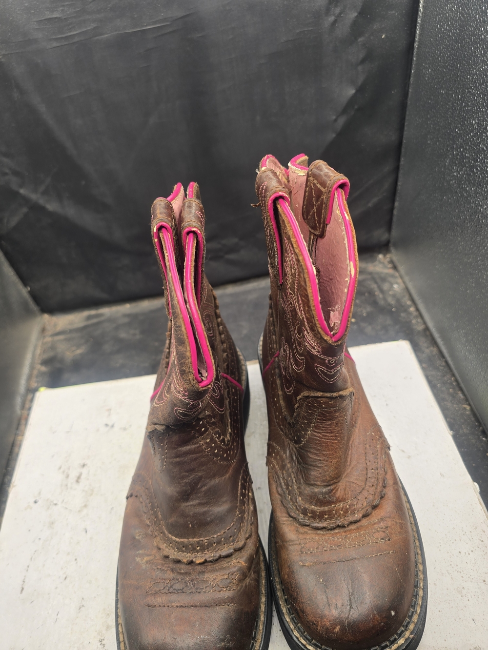 Ariat Brown Leather Ankle Work Boots with Pink Trim